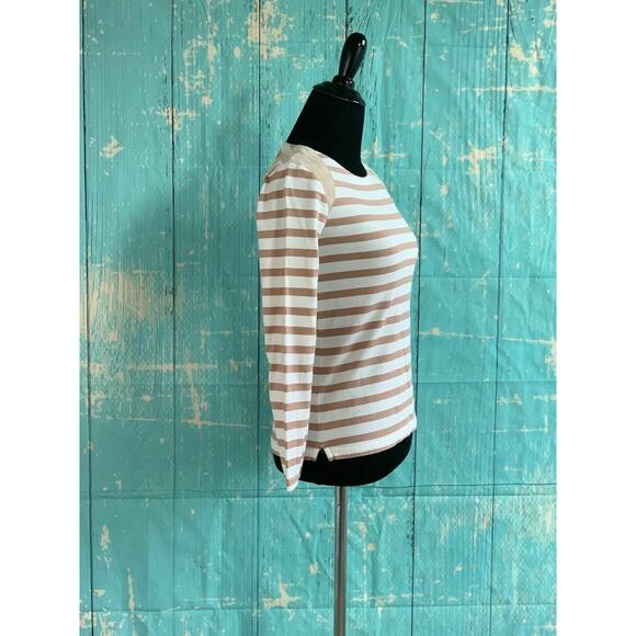 J. Crew White brown Striped Long Sleeve Suede Shoulder Tee XXS - Picture 7 of 8